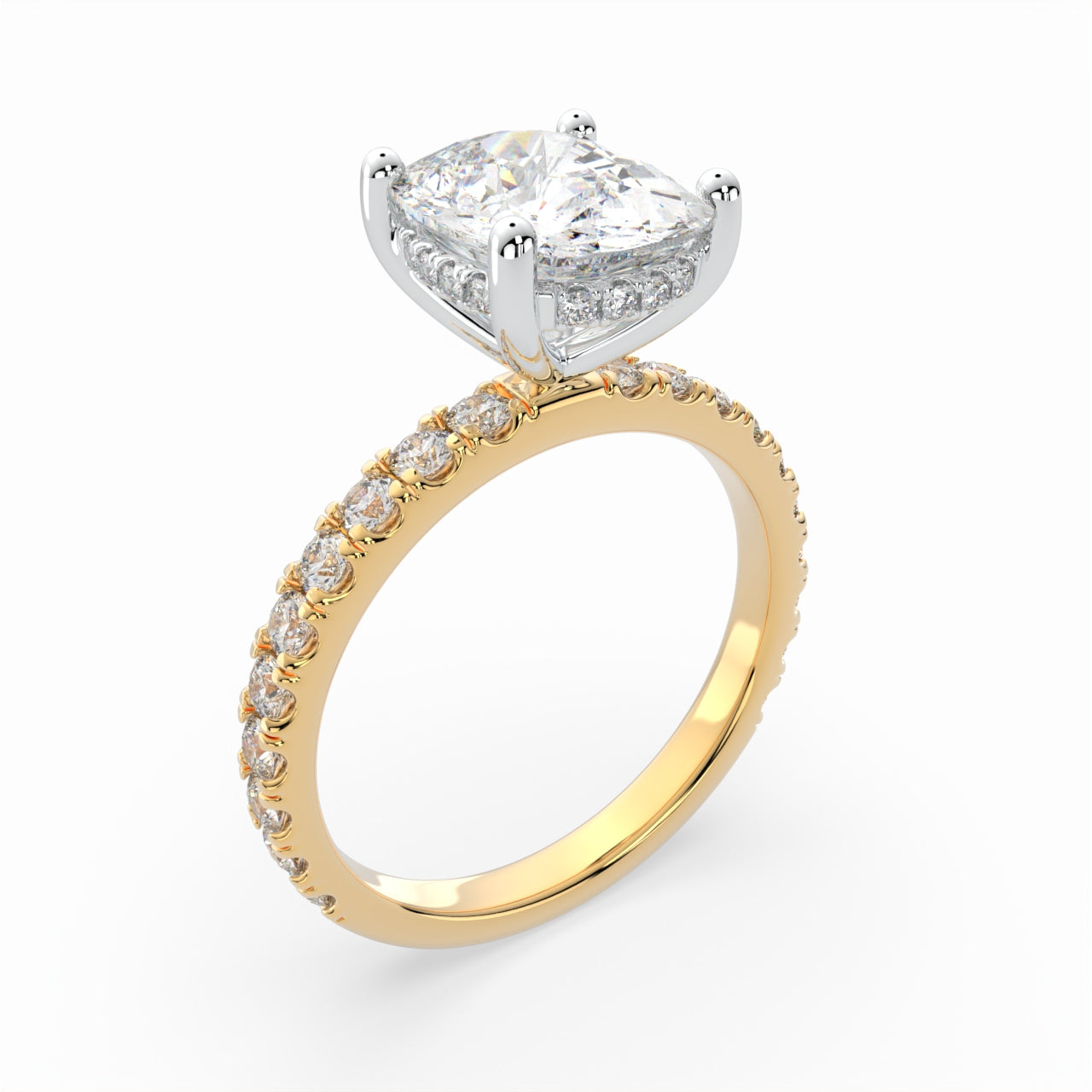 Cushion Solitaire Engagement Ring with diamonds on the Band & hidden halo LR003