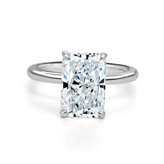 4.00ct Radiant cut lab grown diamond engagement ring - 18ct White Gold ladies engagement ring set with a hidden halo