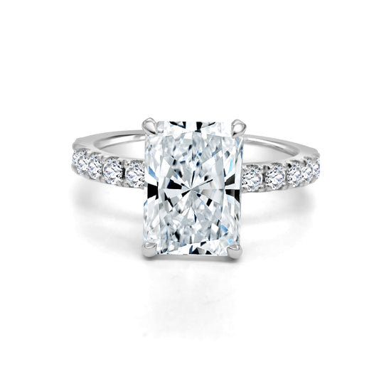 4.01ct Radiant cut lab grown diamond engagement ring - 18ct white Gold ladies engagement ring set with diamonds on the band