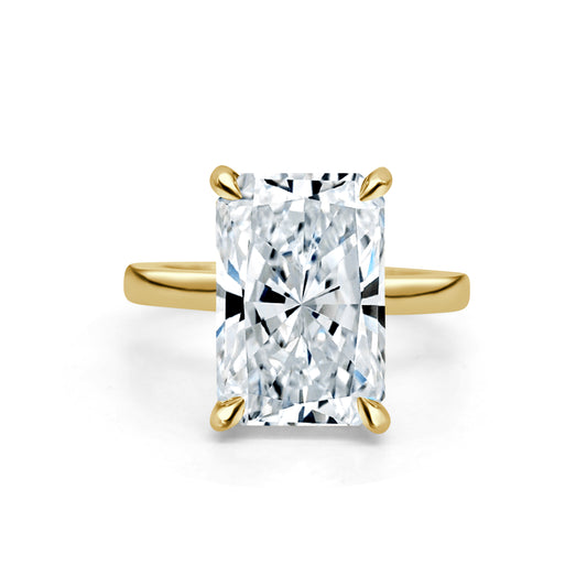 7.37ct Radiant cut lab grown diamond engagement ring - 18ct Yellow Gold ladies engagement ring set with a hidden halo