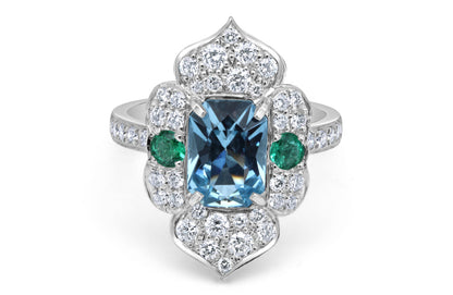 Aquamarine, Emerald and diamond ring R1203