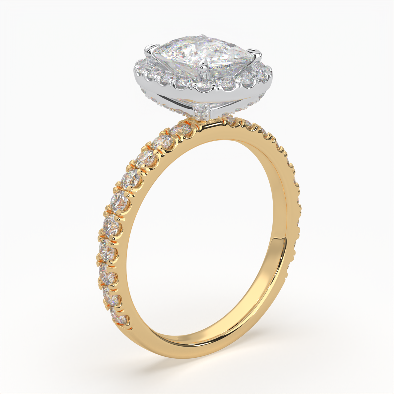 Cushion Cut Cathedral Halo Cluster Ring set with accent diamonds on band and setting LR028R