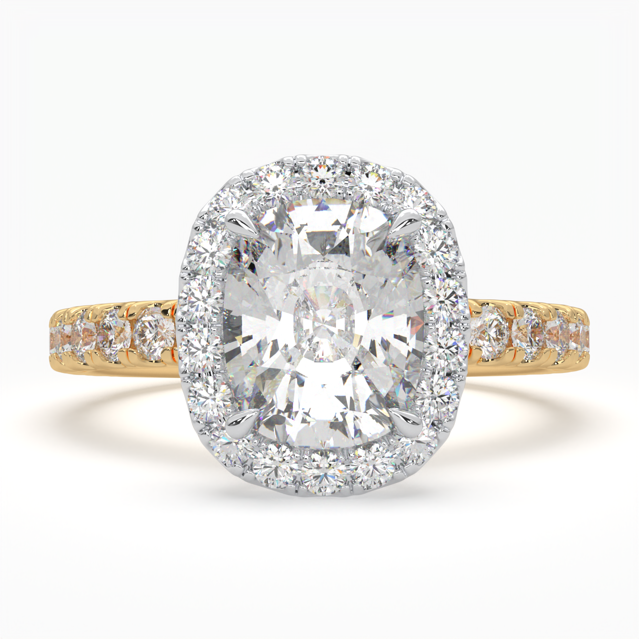 Cushion Cut Cathedral Halo Cluster Ring set with accent diamonds on band and setting LR028R