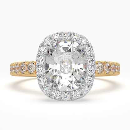 Cushion Cut Cathedral Halo Cluster Ring set with accent diamonds on band and setting LR028R