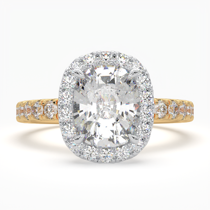 Cushion Cut Cathedral Halo Cluster Ring set with accent diamonds on band and setting LR028W