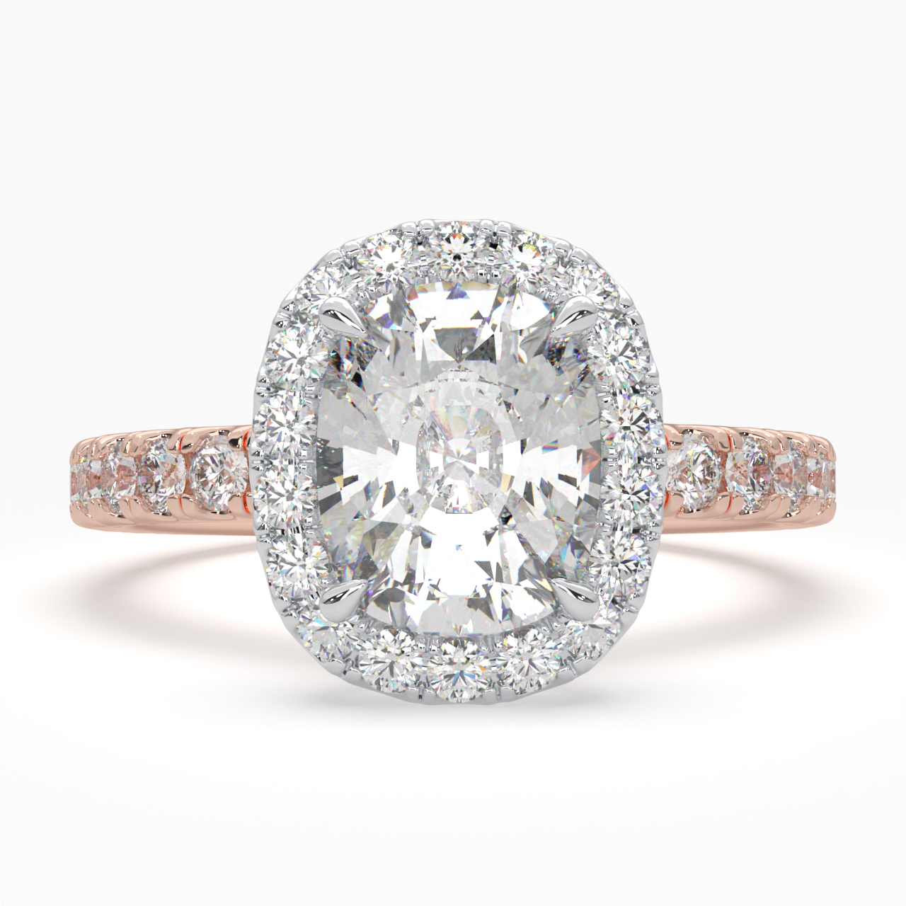 Cushion Cut Cathedral Halo Cluster Ring set with accent diamonds on band and setting LR028R