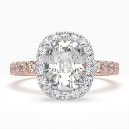 Cushion Cut Cathedral Halo Cluster Ring set with accent diamonds on band and setting LR028Y