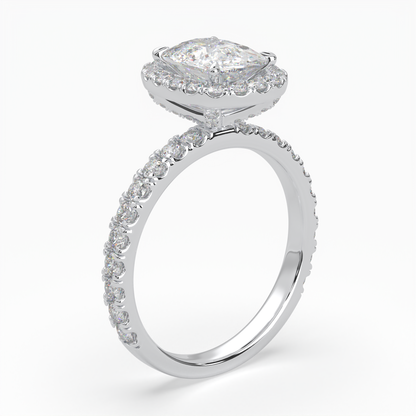 Cushion Cut Cathedral Halo Cluster Ring set with accent diamonds on band and setting LR028Y