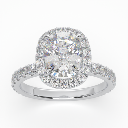 Cushion Cut Cathedral Halo Cluster Ring set with accent diamonds on band and setting LR028R