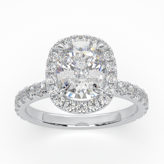 Cushion Cut Cathedral Halo Cluster Ring set with accent diamonds on band and setting LR028W