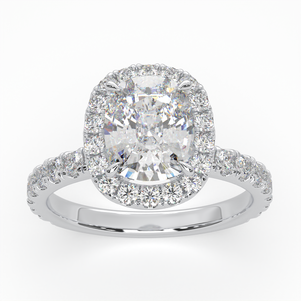 Cushion Cut Cathedral Halo Cluster Ring set with accent diamonds on band and setting LR028Y