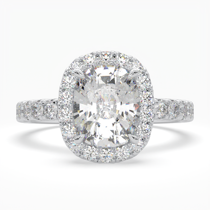 Cushion Cut Cathedral Halo Cluster Ring set with accent diamonds on band and setting LR028R