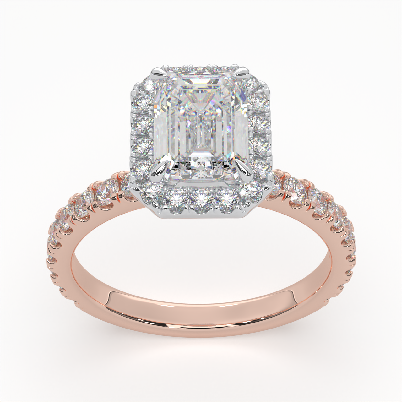 Emerald Cut Cathedral Halo Cluster Ring set with accent diamonds on band and setting LR029Y