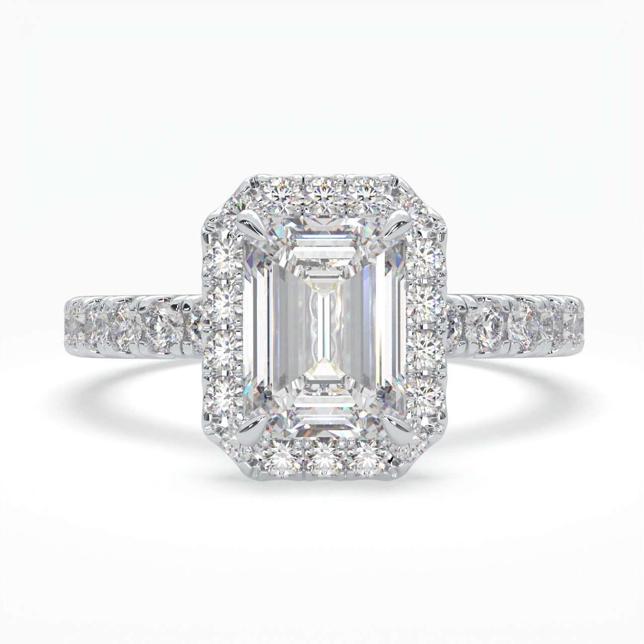 Emerald Cut Cathedral Halo Cluster Ring set with accent diamonds on band and setting LR029Y