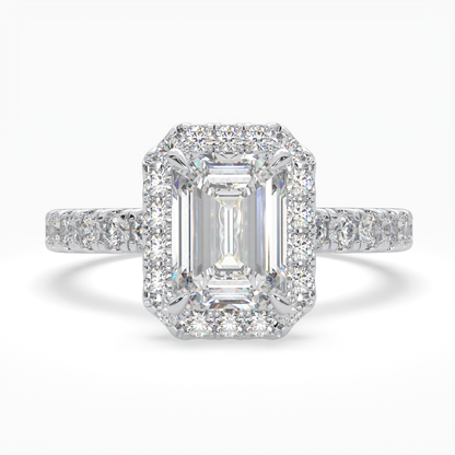 Emerald Cut Cathedral Halo Cluster Ring set with accent diamonds on band and setting LR029Y