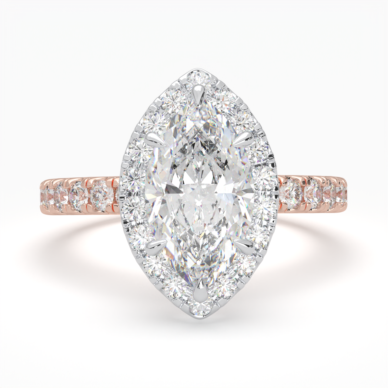 Marquise Cut Cathedral Halo Cluster Ring set with accent diamonds on band and setting LR030W