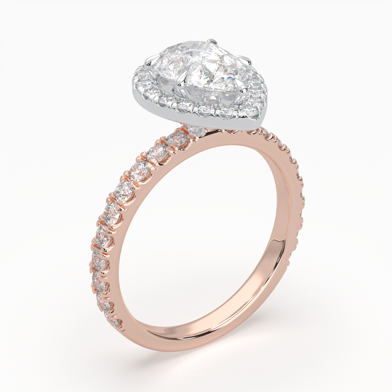 Pear Shape Halo Cluster Ring set with accent diamonds on band and setting LR031R