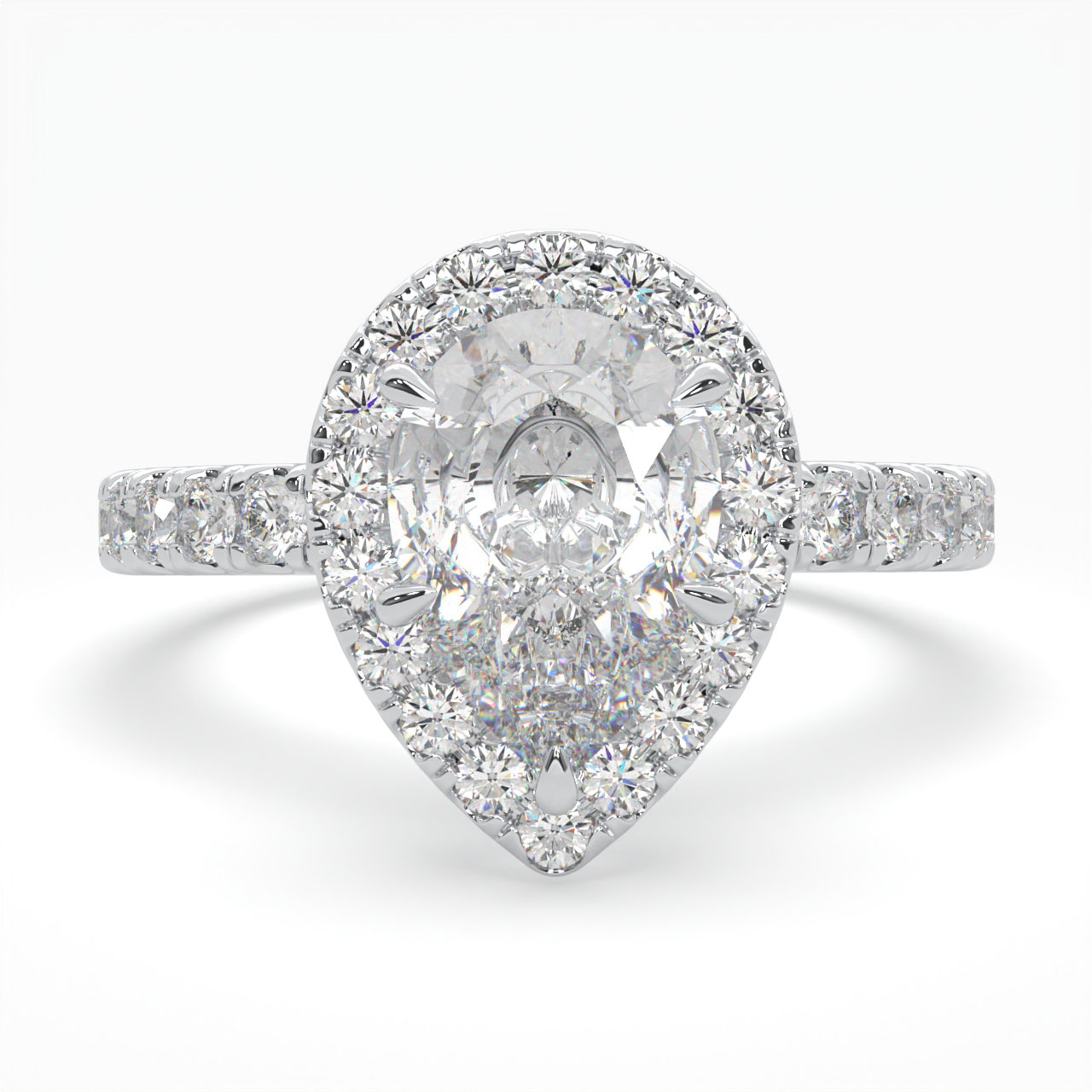 Pear Shape Halo Cluster Ring set with accent diamonds on band and setting LR031R