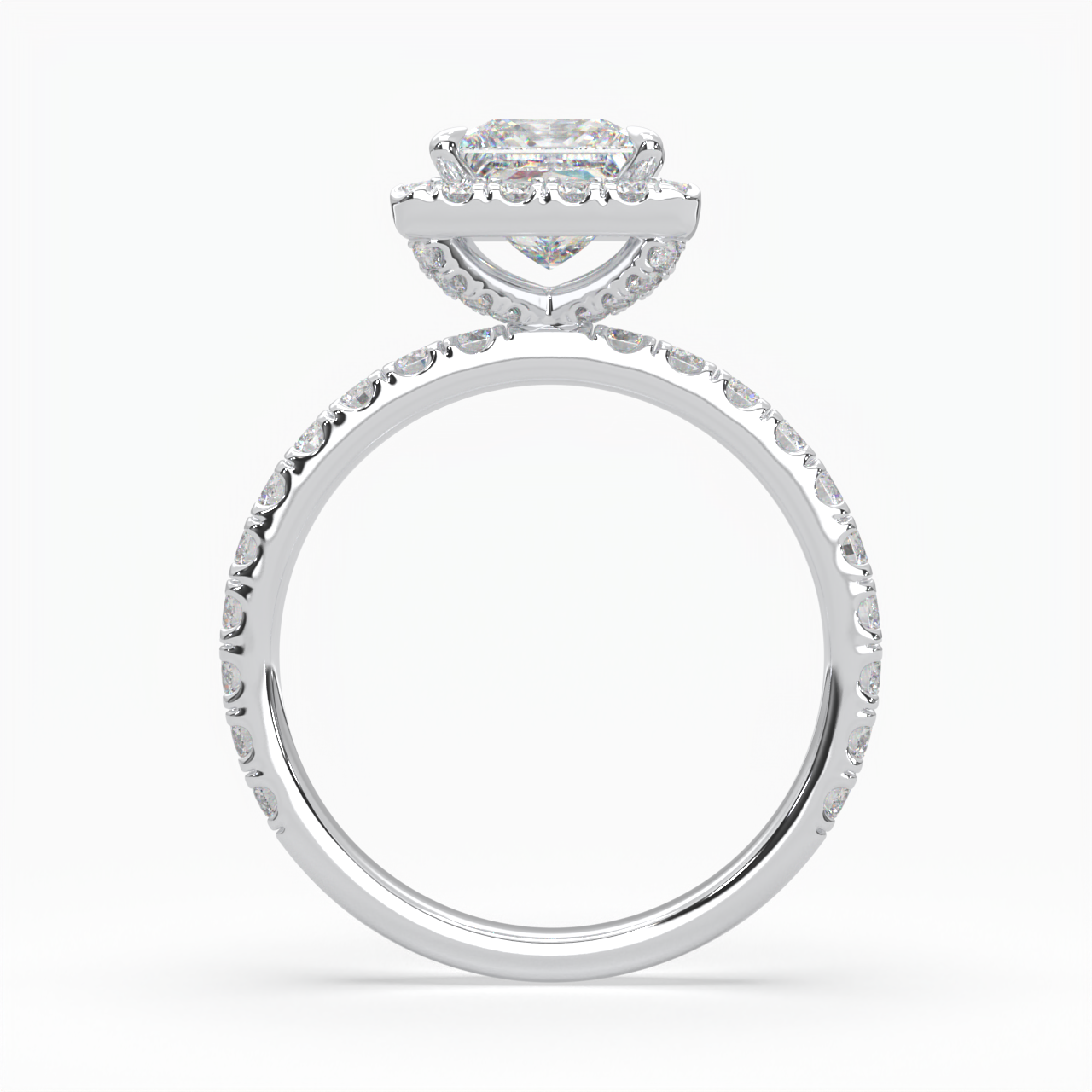 Princess Cut Halo Cluster Ring set with accent diamonds on band and setting LR032Y