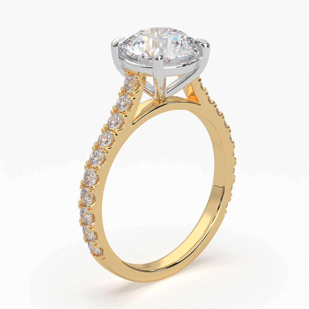 Round Cut Solitaire Cathedral Engagement Ring with diamonds on band LR017R