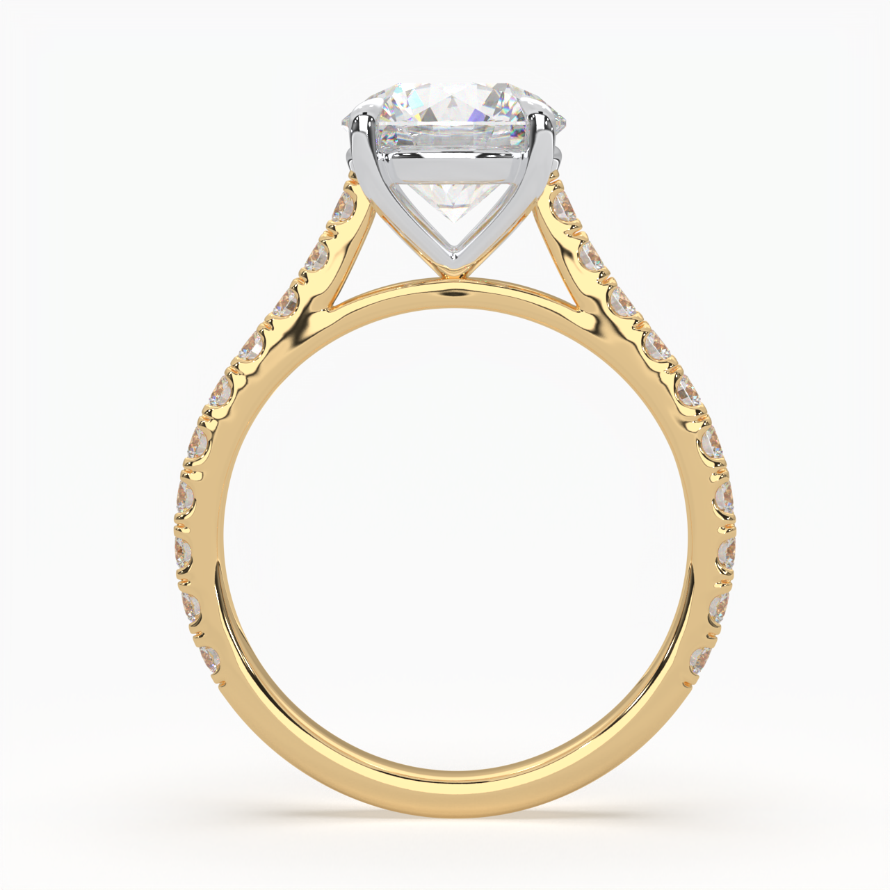 Round Cut Solitaire Cathedral Engagement Ring with diamonds on band LR017R