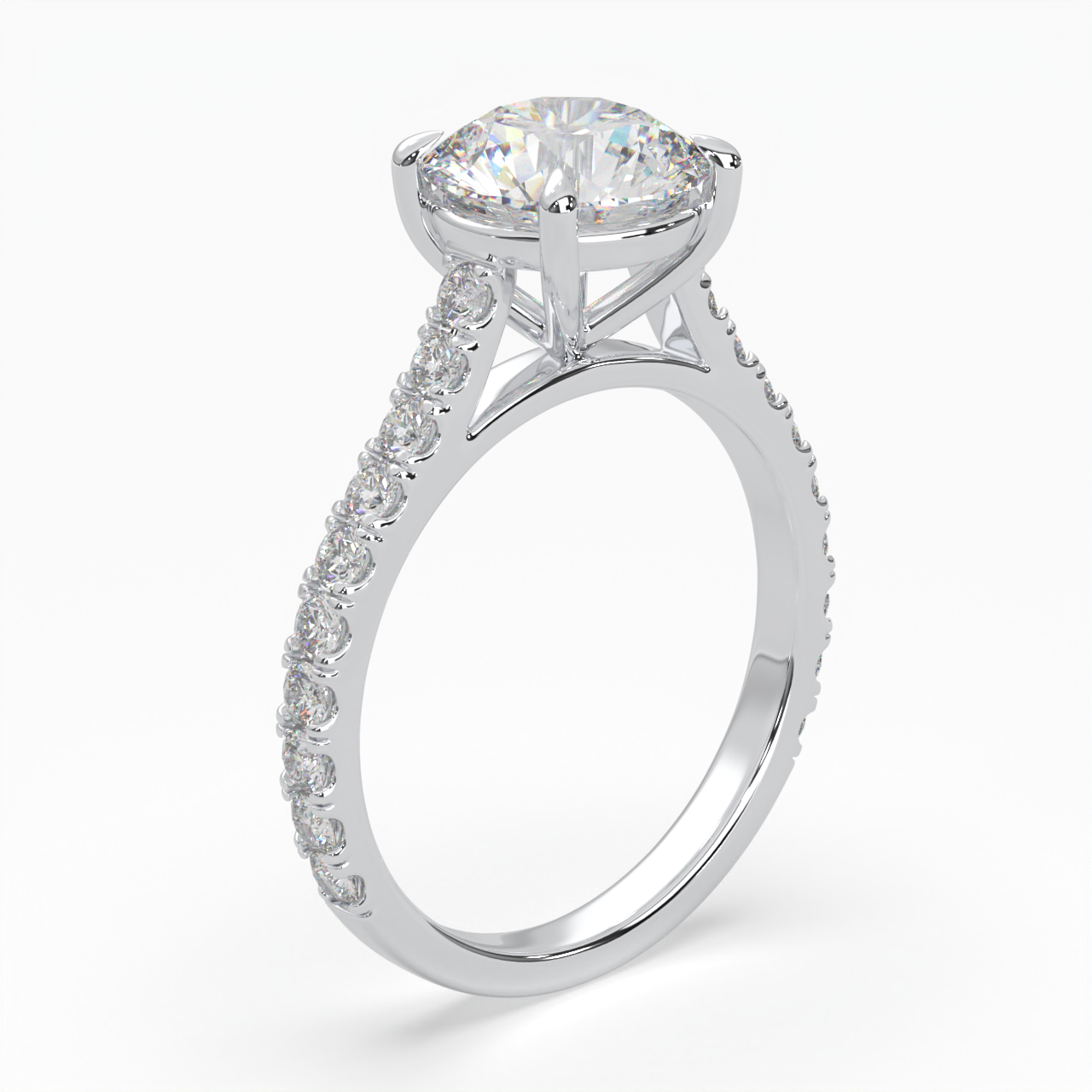 Round Cut Solitaire Cathedral Engagement Ring with diamonds on band LR017R