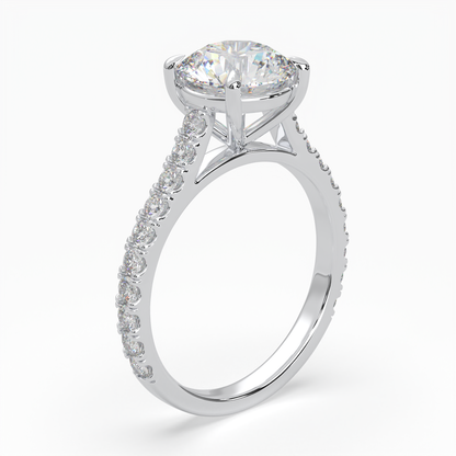 Round Cut Solitaire Cathedral Ring set with accent diamonds on band  LR017W