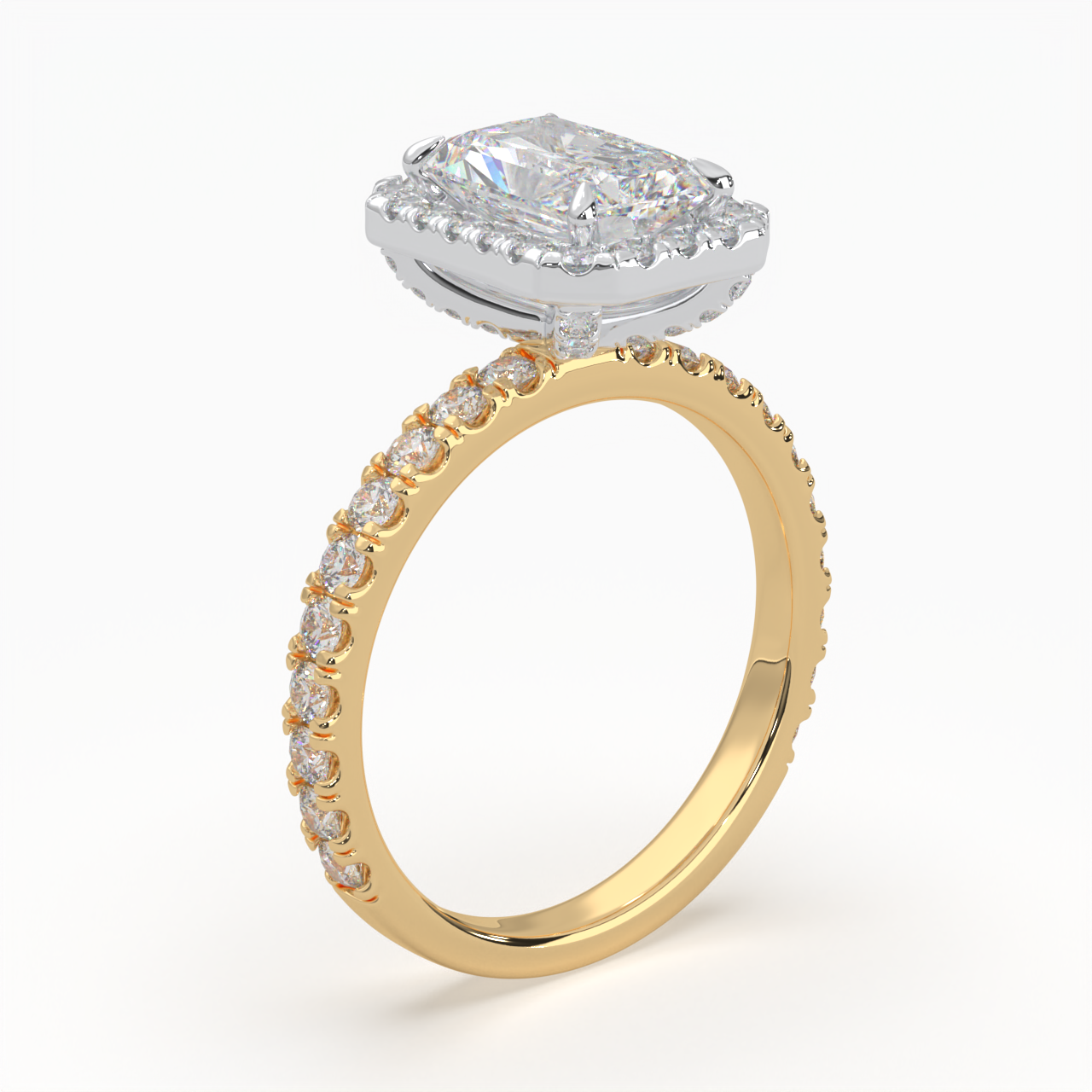 Radiant Cut Halo Cluster Ring set with accent diamonds on band and setting LR033Y