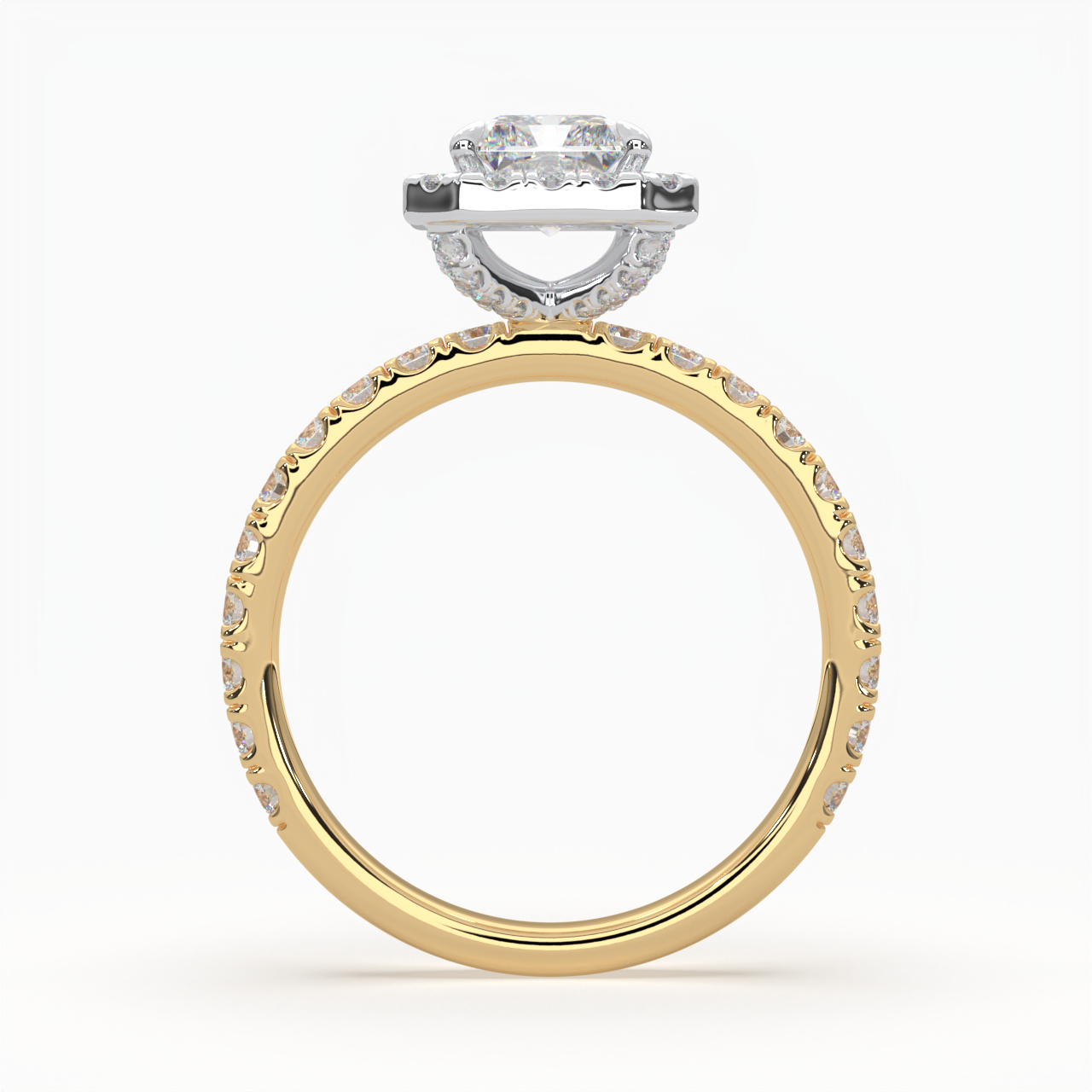 Radiant Cut Halo Cluster Ring set with accent diamonds on band and setting LR033Y