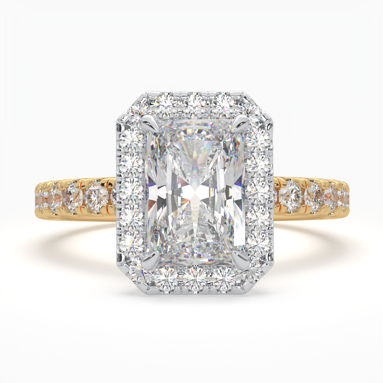 Radiant Cut Halo Cluster Ring set with accent diamonds on band and setting LR033Y