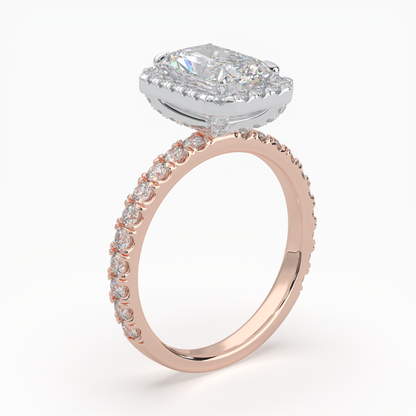 Radiant Cut Halo Cluster Ring set with accent diamonds on band and setting LR033Y