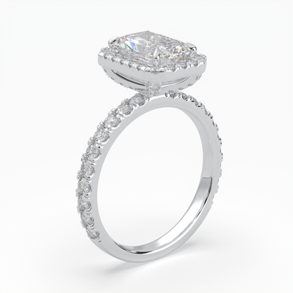 Radiant Cut Halo Cluster Ring set with accent diamonds on band and setting LR033Y