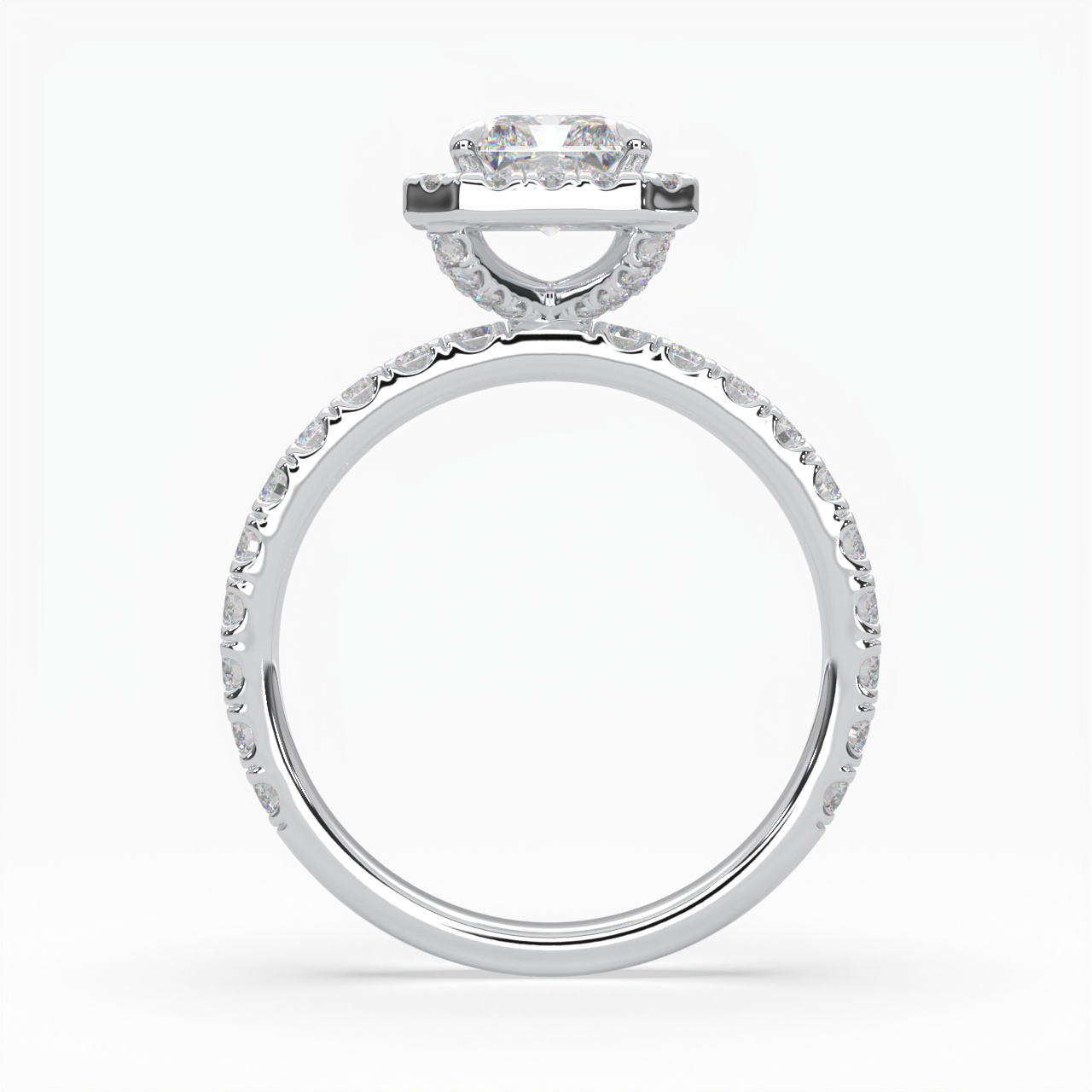 Radiant Cut Halo Cluster Ring set with accent diamonds on band and setting LR033Y