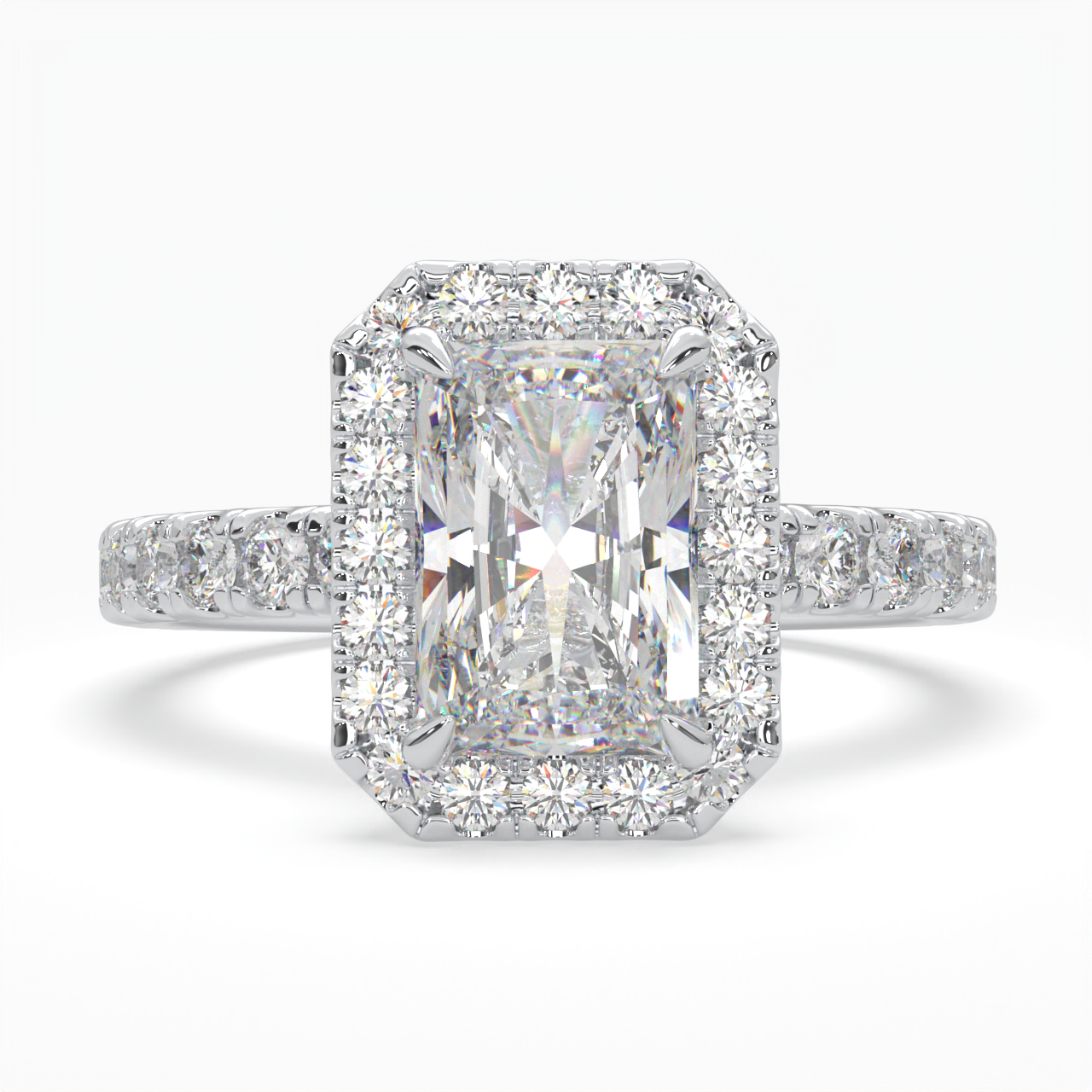 Radiant Cut Halo Cluster Ring set with accent diamonds on band and setting LR033R