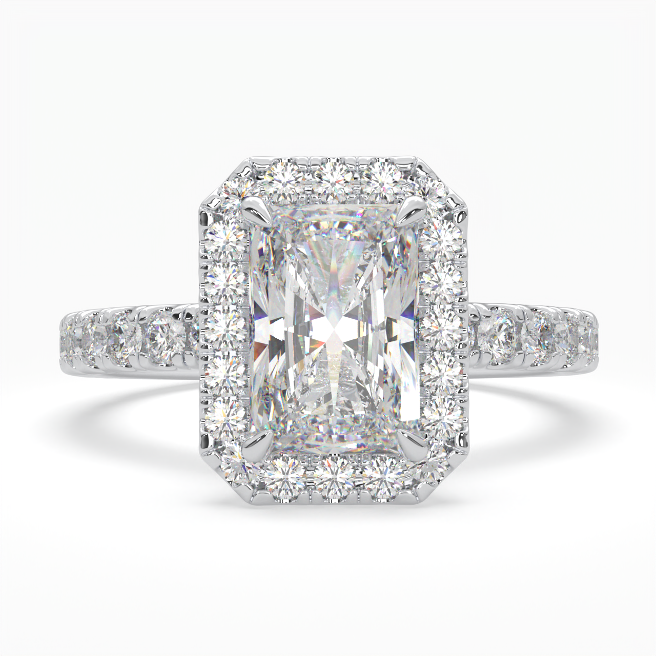 Radiant Cut Halo Cluster Ring set with accent diamonds on band and setting LR033Y