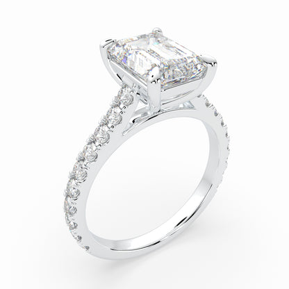 Emerald Cut Solitaire Cathedral Engagement Ring with diamonds set on band LR015W