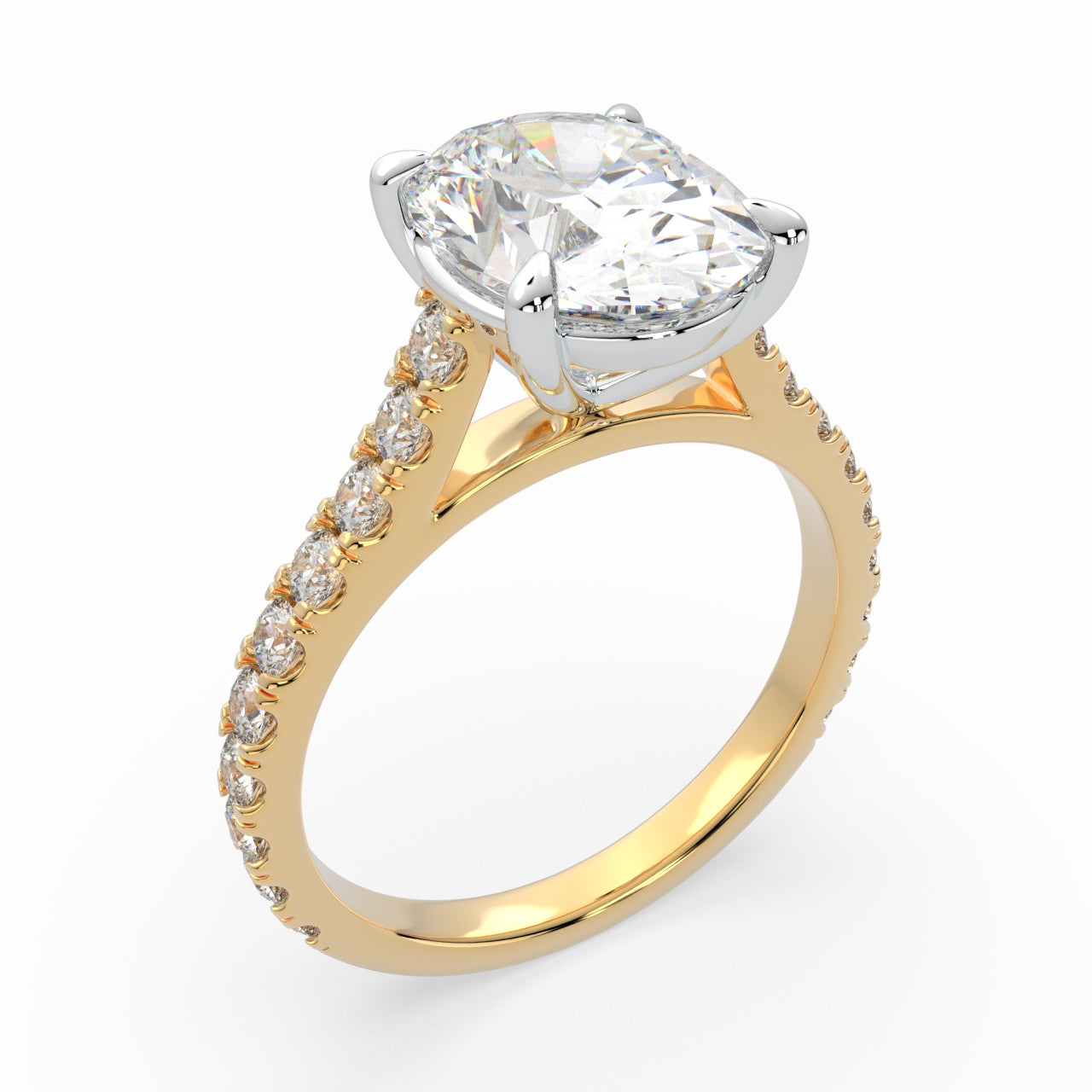 Oval Solitaire Engagement Cathedral Ring with diamonds on band LR021W
