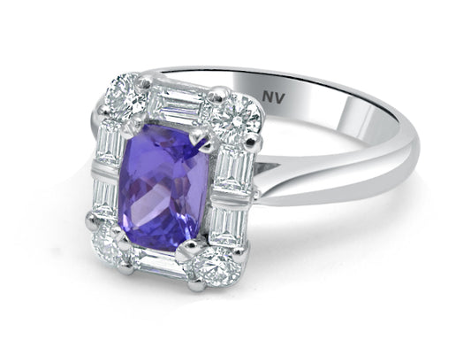 Tanzanite, Baguette and round Diamond Ring R1215