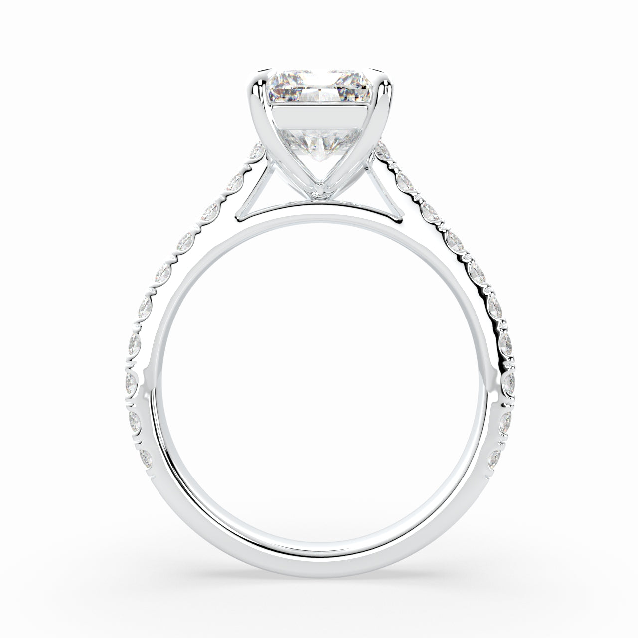 Radiant Cut Solitaire Cathedral Engagement Ring with diamonds on band LR010W