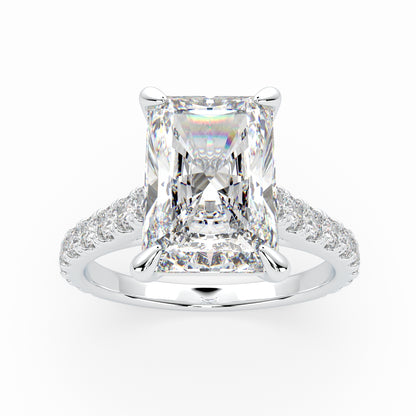 Radiant Solitaire Cathedral Engagement Ring with diamonds on band & hidden halo LR005