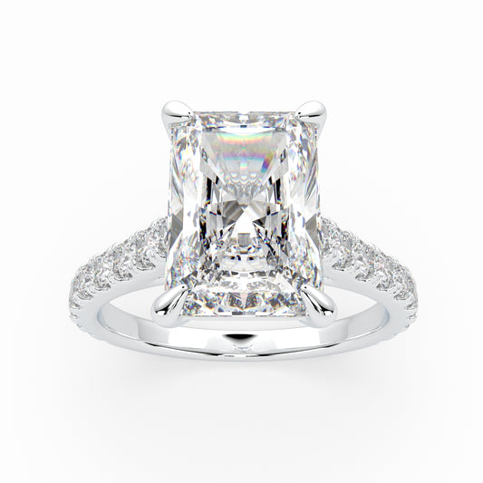 Radiant Solitaire Cathedral Engagement Ring with diamonds on band & hidden halo LR005