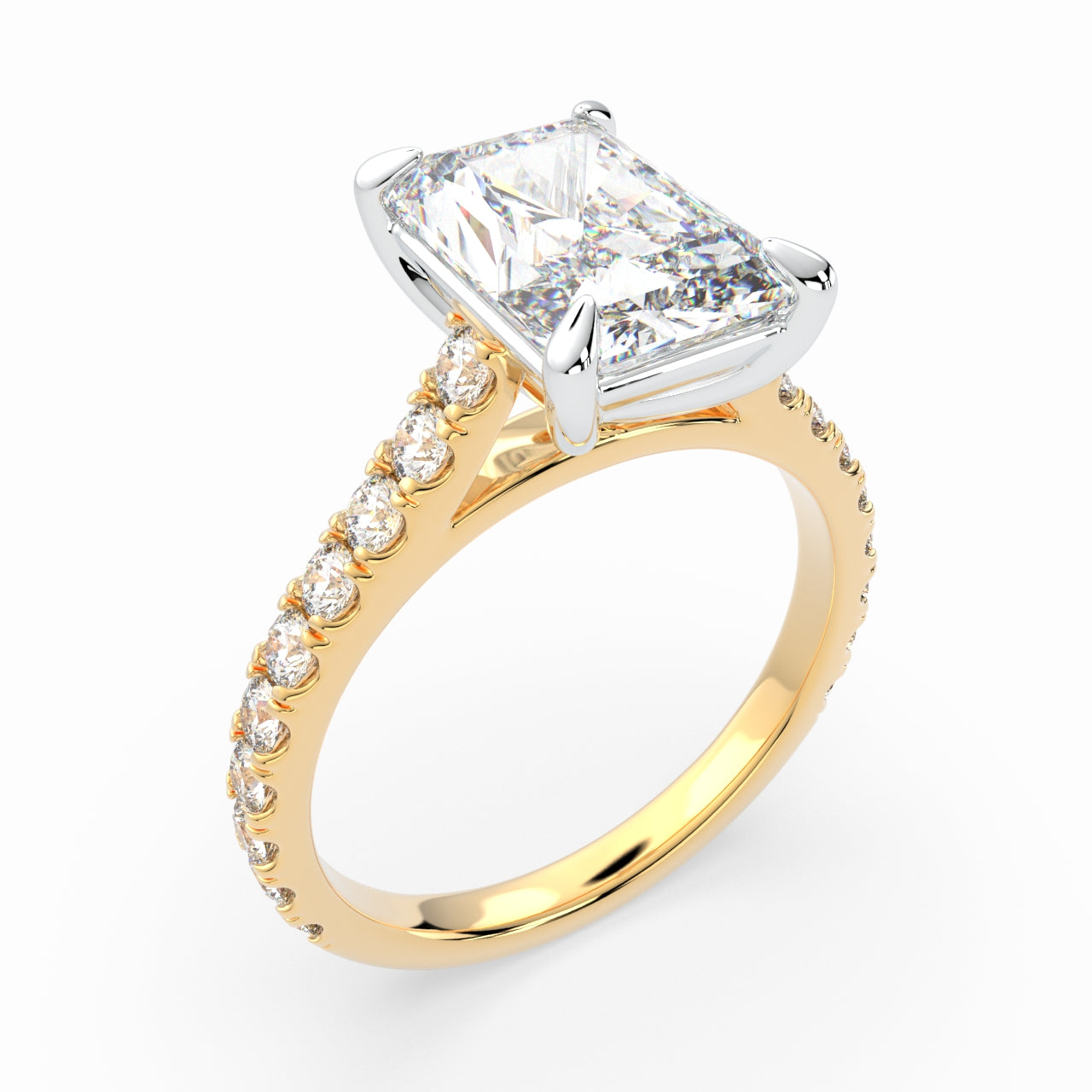 Radiant Solitaire Cathedral Engagement Ring with diamonds on band & hidden halo LR005
