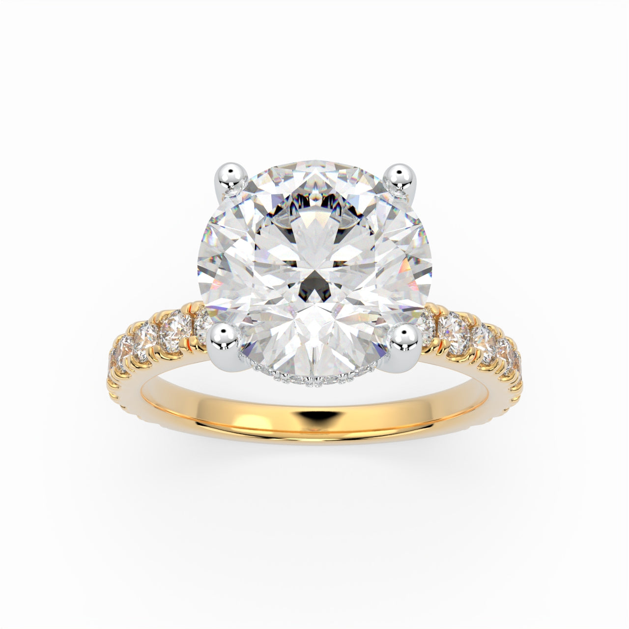 Round Cut Solitaire Cathedral Engagement Ring with diamonds on band LR017R