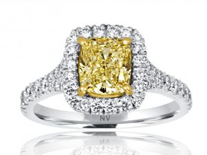 18ct White Gold Ladies Halo engagement ring set with 1x1.53ct Cushion shape Yellow diamond, GIA Certified Colour X, Clarity VS2 and 18=.54ct round brilliant cut diamonds.