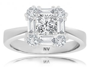 18ct White Gold Ladies Halo engagement ring set with 1x.70ct Princess cut Diamond, AUSCERT Certified Colour F, Clarity SI1, 4=.32ct Baguette and 4=.36ct round brilliant cut diamond