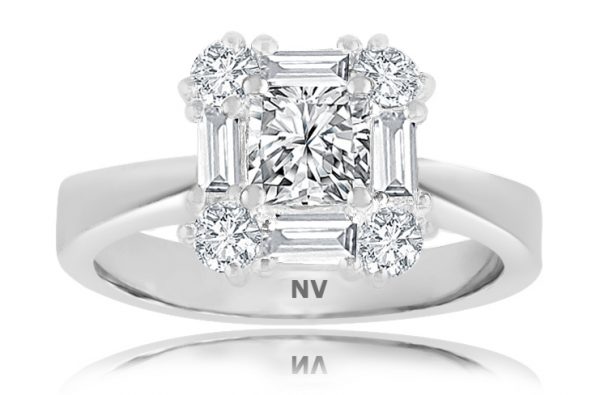 18ct White Gold Ladies Halo engagement ring set with 1x.70ct Princess cut Diamond, AUSCERT Certified Colour F, Clarity SI1, 4=.32ct Baguette and 4=.36ct round brilliant cut diamond
