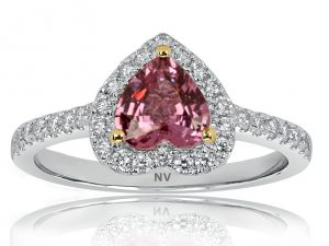18ct white gold ladies ring set with 1x.96ct Pink Sapphire and 34=.35ct round brilliant cut diamonds.