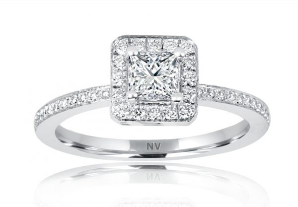 18ct White Gold Ladies Halo engagement ring set with 1x.44ct Princess cut Diamond, Colour E, Clarity VS1 and 44=.30ct round brilliant cut diamonds.