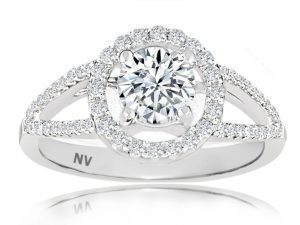18ct White Gold Ladies Halo engagement ring set with 1x.71ct Round Brilliant cut Diamond, GIA Certified Colour E, Clarity SI2 and 58=.28ct round brilliant cut diamonds.