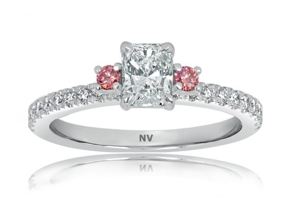 18ct White Gold Ladies engagement ring set with 1x.62ct Radiant cut Diamond, AUSCERT Certified Colour F, Clarity VS2 and 2=.08ct Argyle Pink Diamonds with 20=.20ct round diamonds.